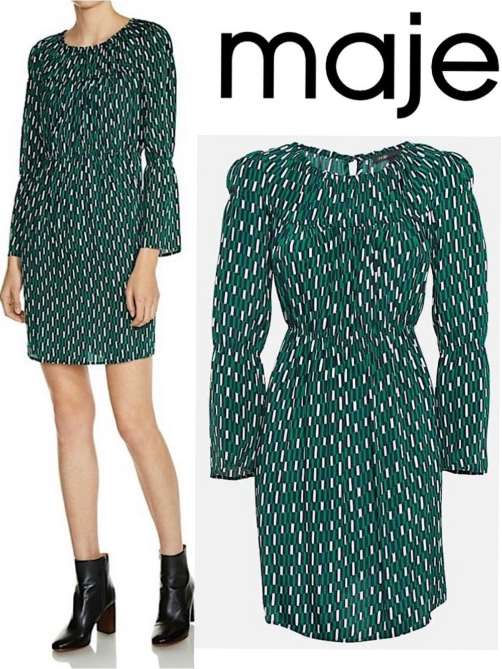 Maje Revalou Geometric Silk Blend Long Sleeve Mini Dress Green White Black 1 S